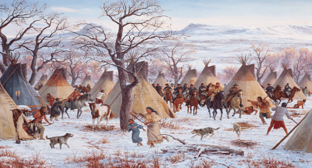 27 novembre 1868 – 151 anni fa la carneficina (impropriamente chiamata battaglia) di Washita – Altra luminosa pagina della gloriosa storia Americana che non conoscete: quando l’esercito comandato da Custer prese di sorpresa e sterminò anziani, donne e bambini Cheyenne che vivono nelle riserve…